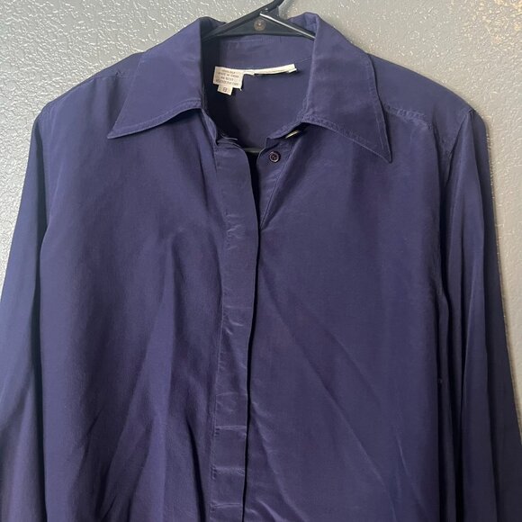 Oleg Cassini Size 8 Navy Blue 100% Silk Padded Shoulder Collared Blouse - Picture 4 of 5